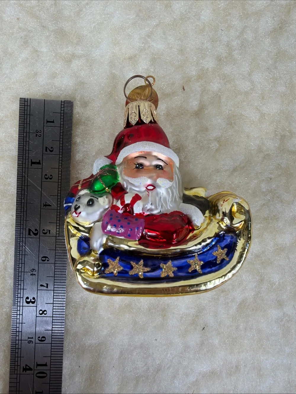Vtg Christopher Radko Glass Santa in Gold Sleigh Holiday Ornament